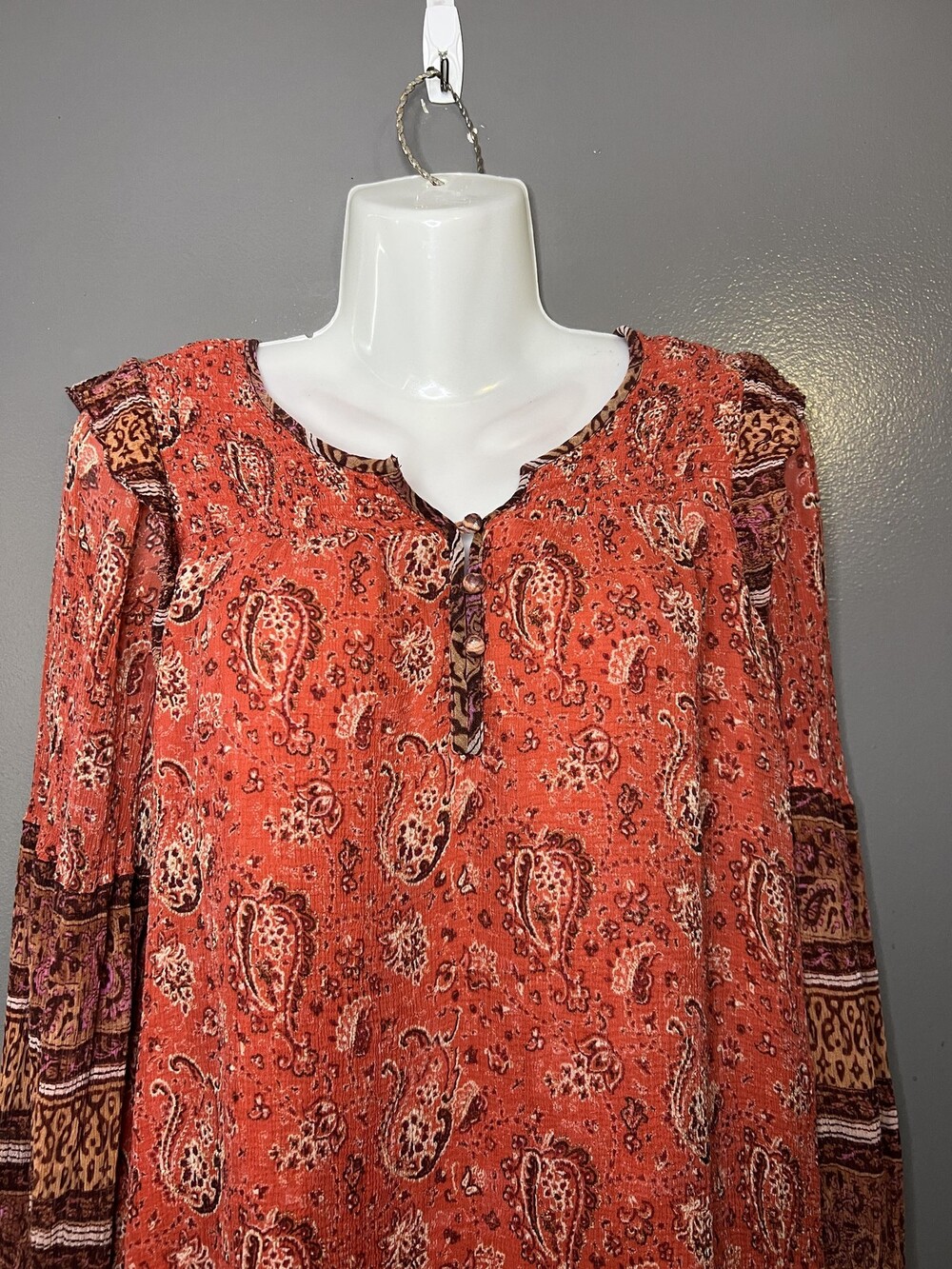 Sundance Blouse Womens Small Orange Paisley Long Sleeve Boho Tunic Top